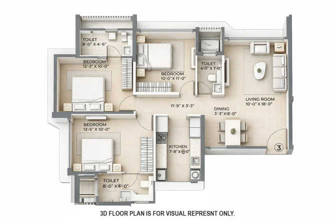 Arkade Nest Mulund - Floor plan 3 BHK 853 Sq.ft