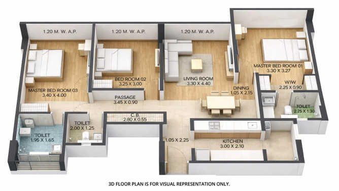 JP Codename StarLife Mira Bhayandar - Floor plan 3 BHK 889 Sq.ft
