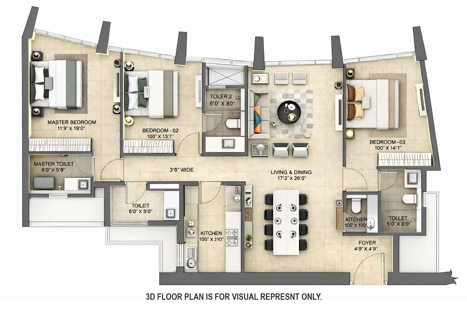 Floor plan for 3 BHK