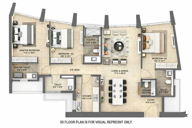 Lodha The Park Worli - Floor plan 3 BHK 1254 Sq.ft