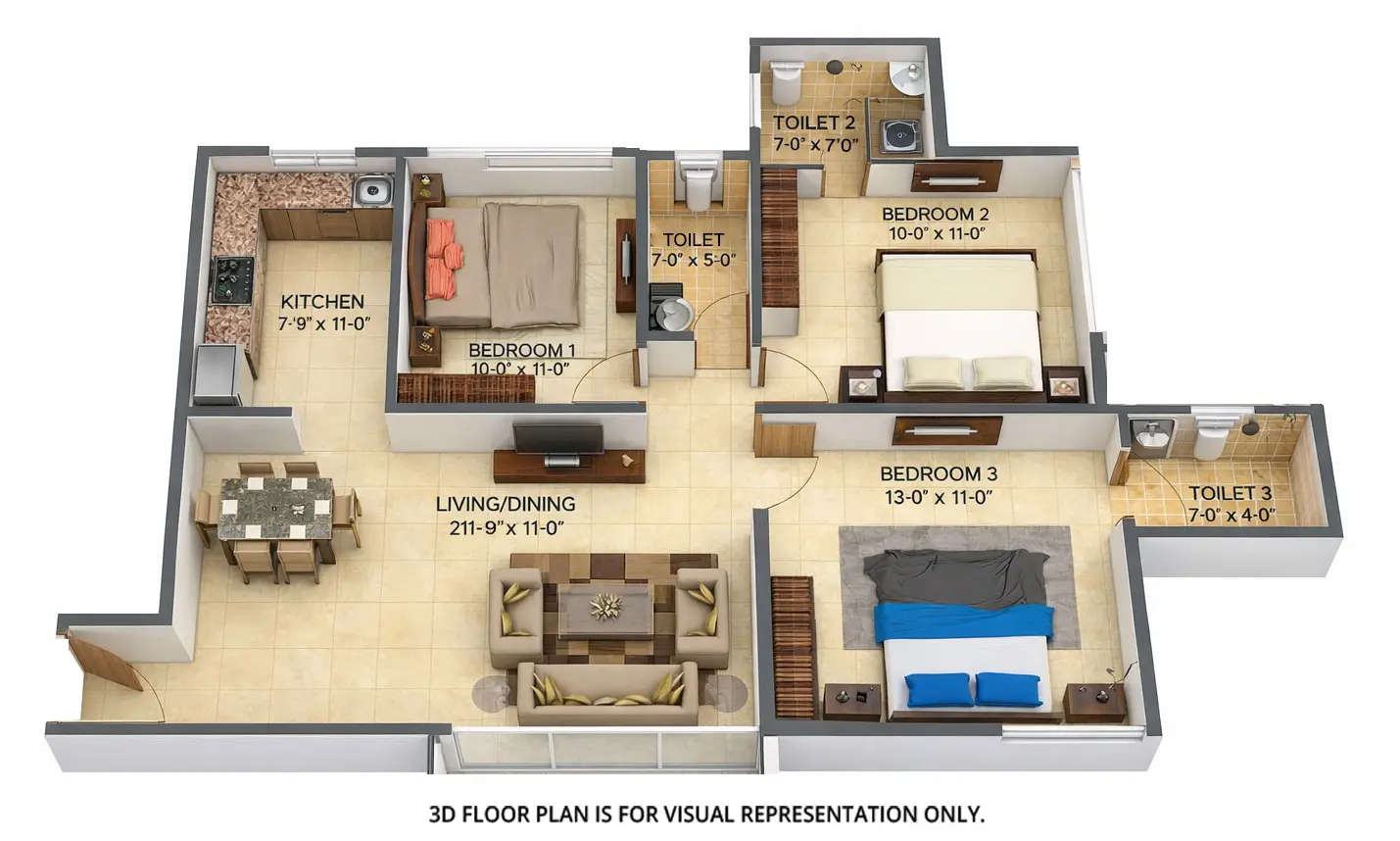 Floor plan for 3 BHK