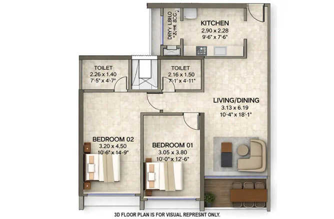 Kanakia Silicon Valley Powai - Floor plan 2 BHK 677 Sq.ft