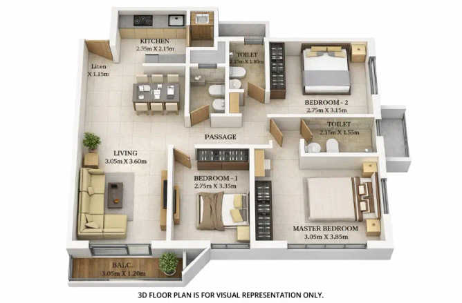Dosti Tulip Balkum - Floor plan 3 BHK 923 Sq.ft