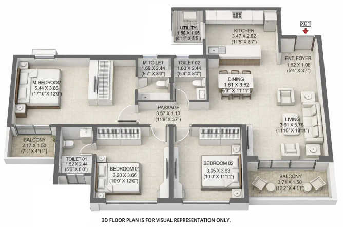 Godrej Ivara Kharadi - Floor plan 3 BHK 1200 Sq.ft