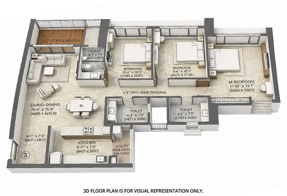 Floor plan for 3 BHK