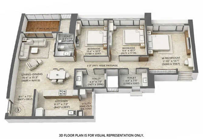 Kalpataru Eternia Kolshet Road - Floor plan 3 BHK 1039 Sq.ft