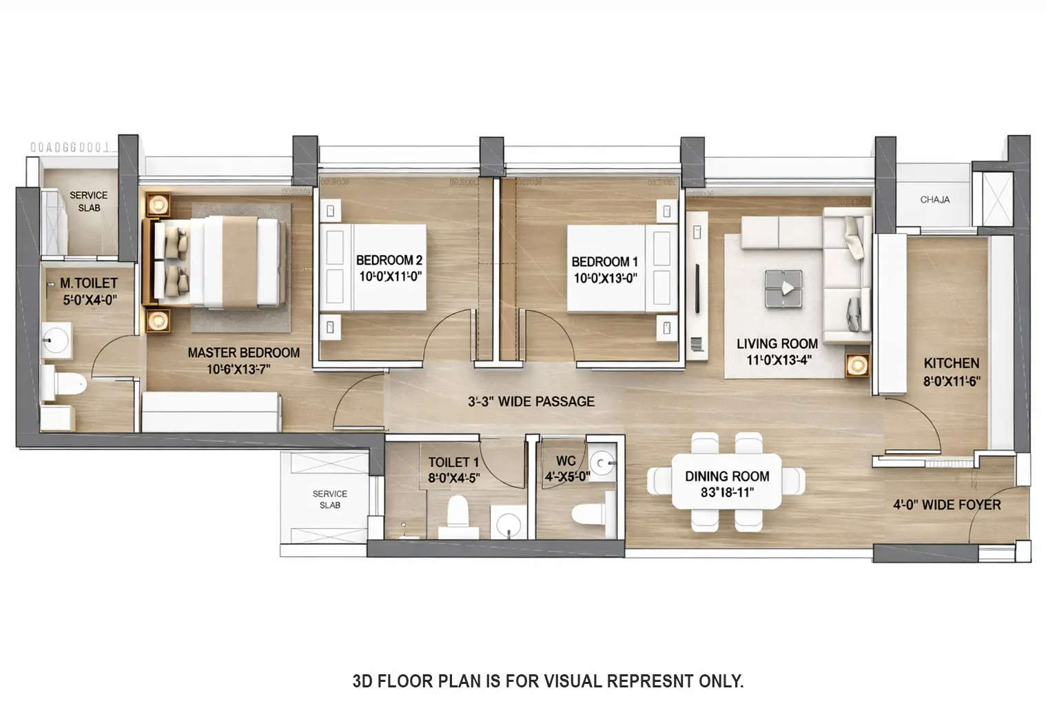 Floor plan for 3 BHK