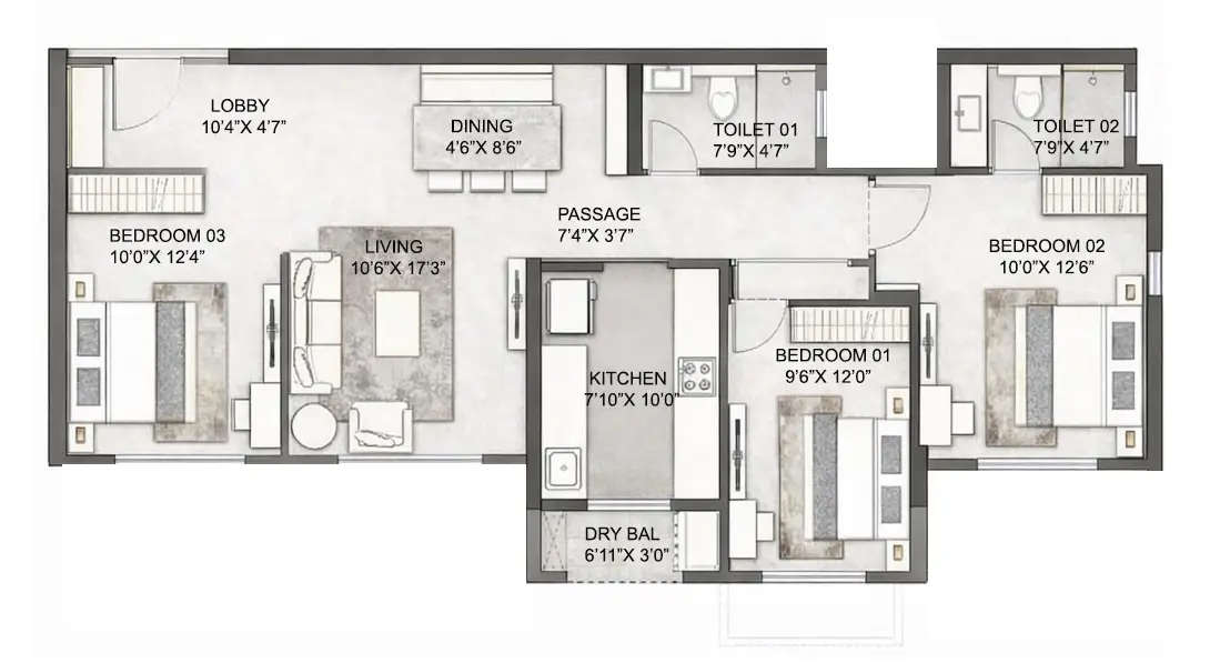 Floor plan for 3 BHK