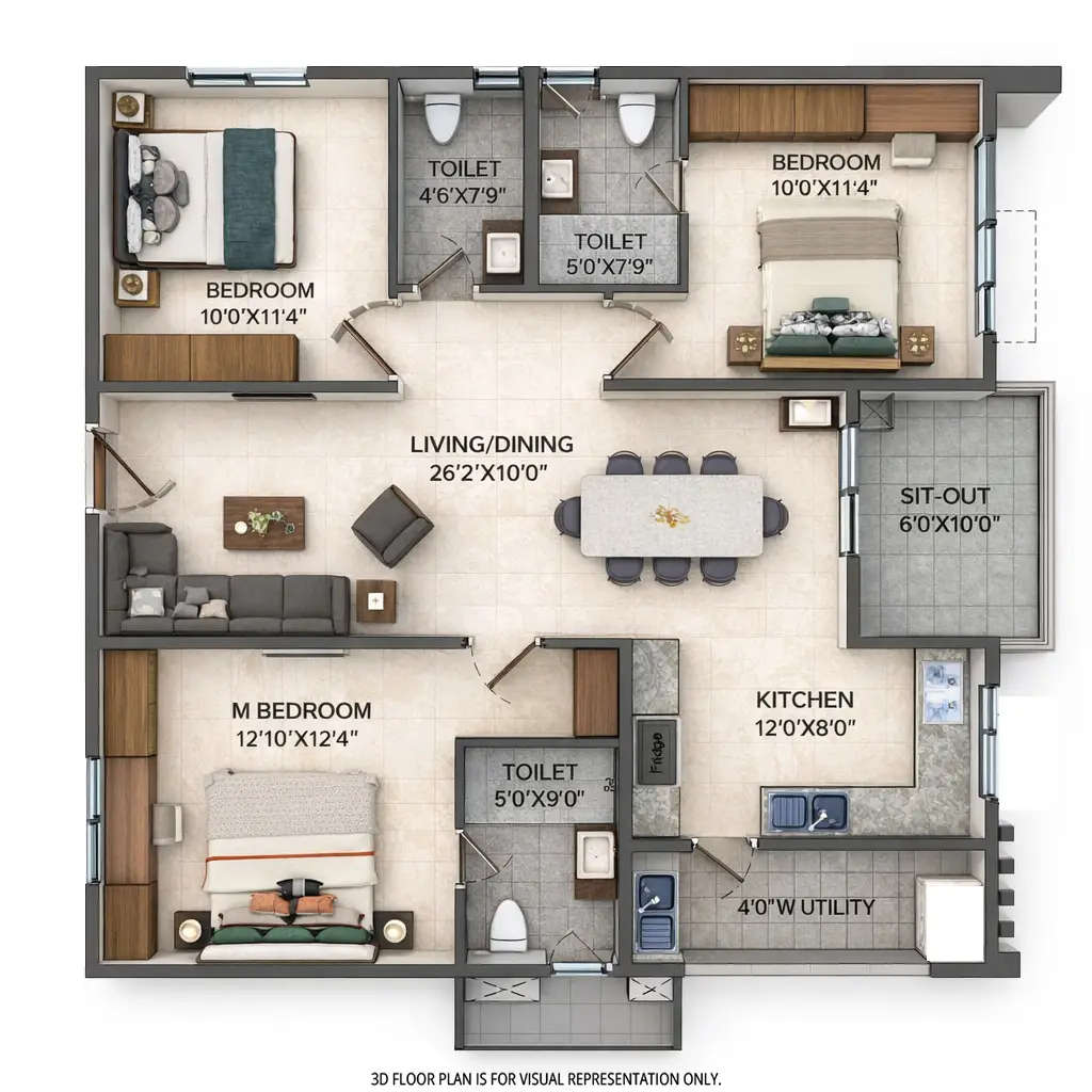 Floor plan for 3 BHK