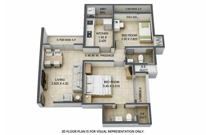 Puraniks Grand Central Pokhran Road 1 - Floor plan 2 BHK 611 Sq.ft
