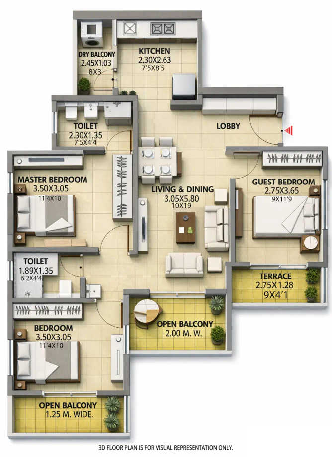 Puranik Abitante Fiore Bavdhan - Floor plan 3 BHK 908 Sq.ft