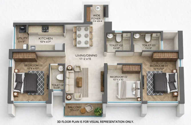 Runwal 25 Hour Life Ghodbunder Road - Floor plan 3 BHK 962 Sq.ft