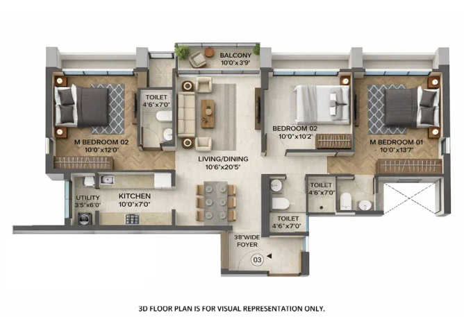 Runwal Manpada Ghodbunder Road - Floor plan 3 BHK 951 Sq.ft