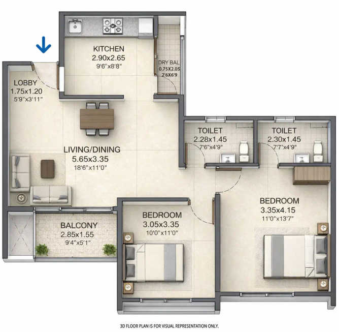 VTP Skylights Baner - Floor plan 2 BHK 763 Sq.ft