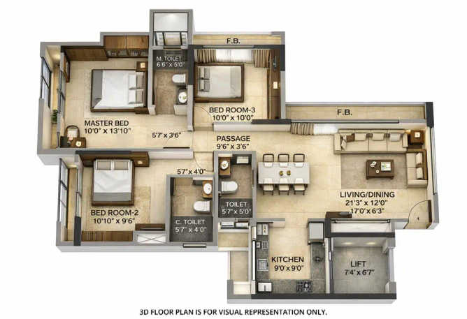 Runwal One Ghodbunder Road - Floor plan 3 BHK 951 Sq.ft