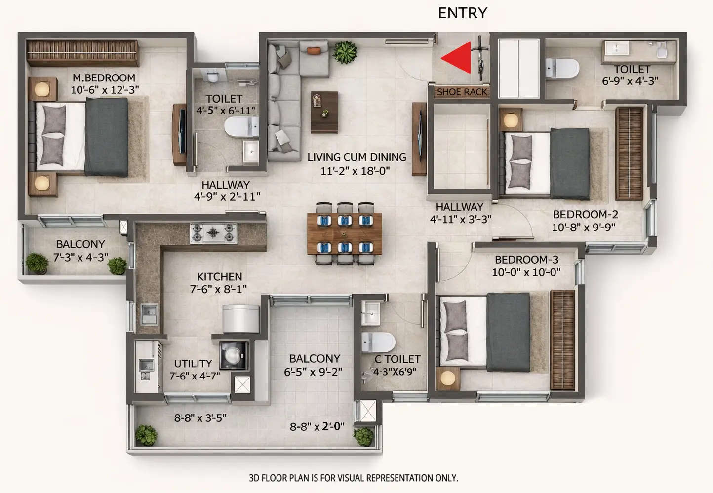 Floor plan for 3 BHK