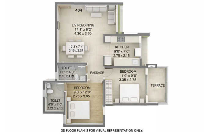 Tricity Panache Seawoods - Floor plan 2 BHK 646 Sq.ft