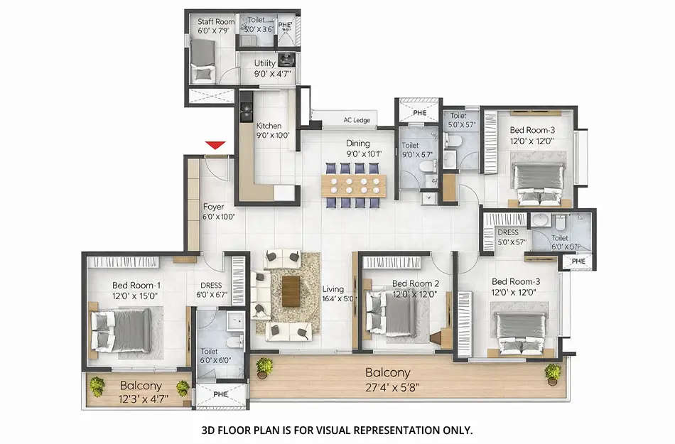 Floor plan for 3 BHK