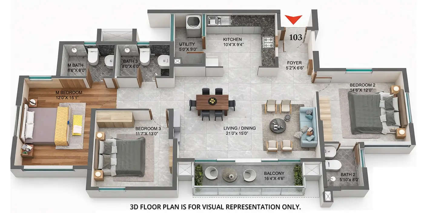 Floor plan for 3 BHK