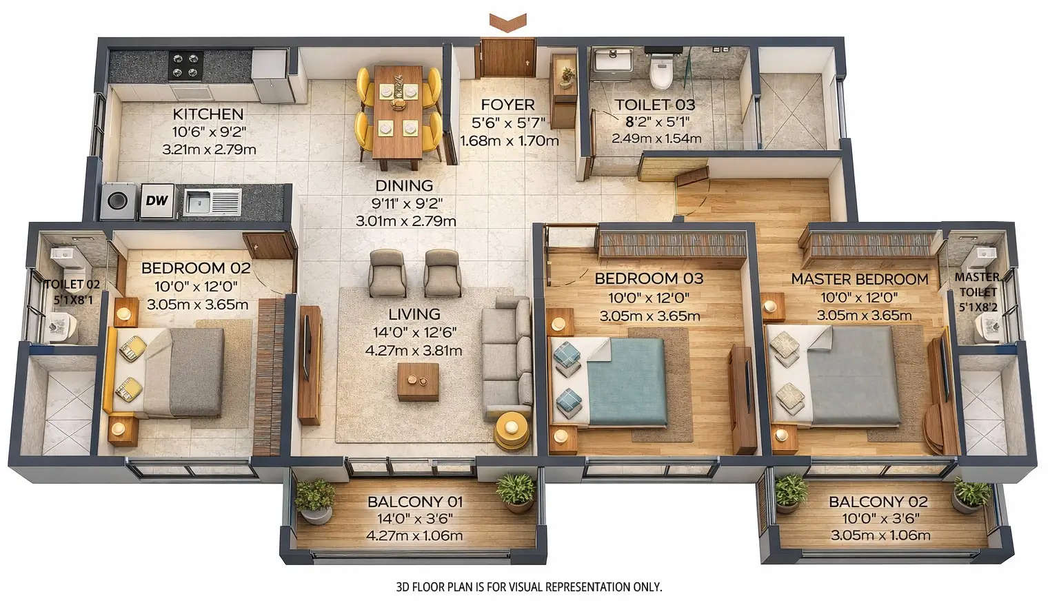 Floor plan for 3 BHK