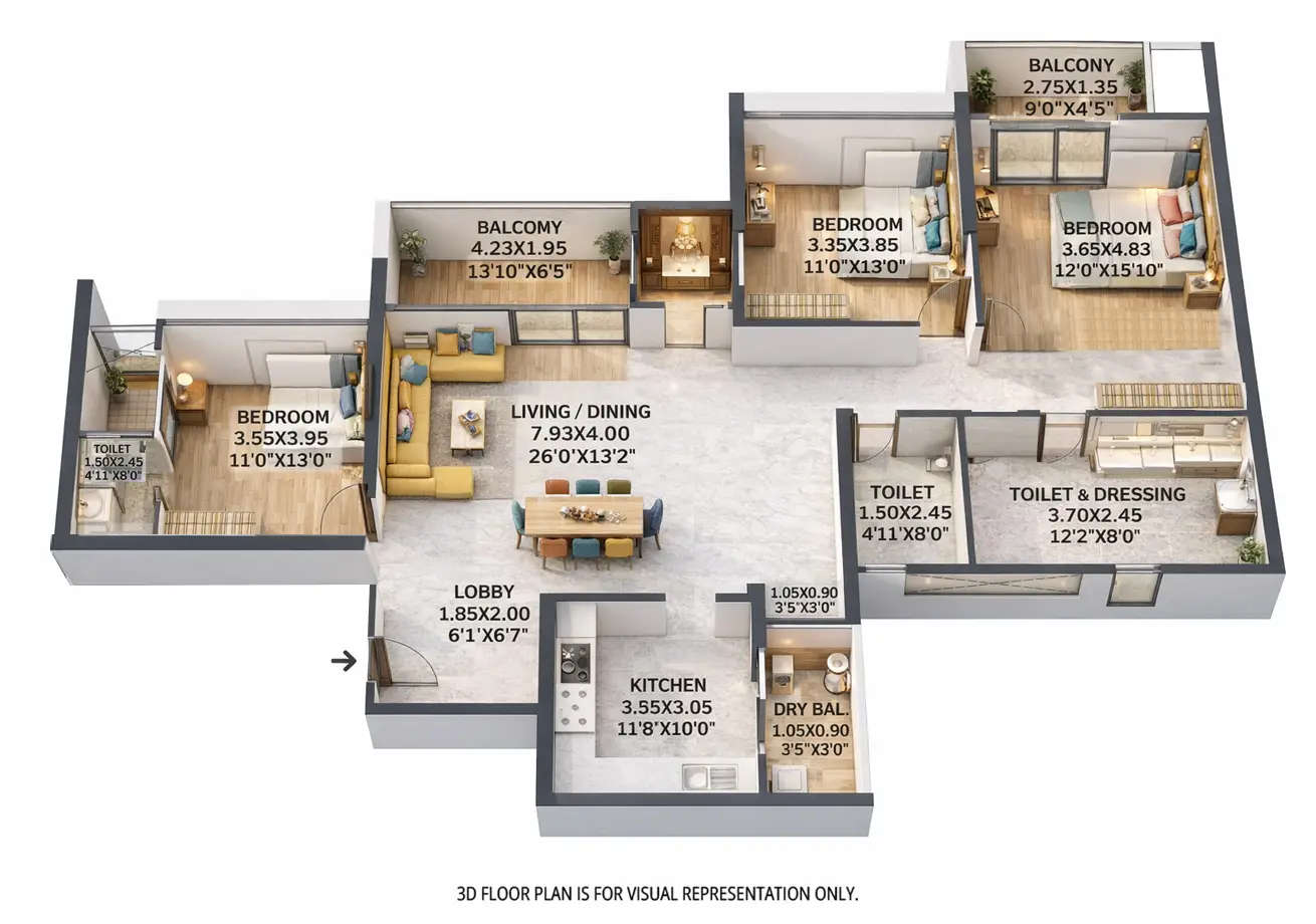 Floor plan for 3 BHK
