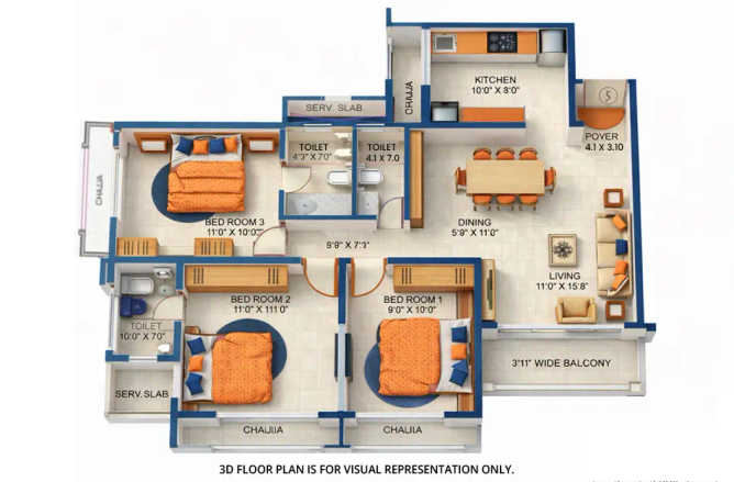 Tharwani Ariana Ambernath - Floor plan 3 BHK 600 Sq.ft