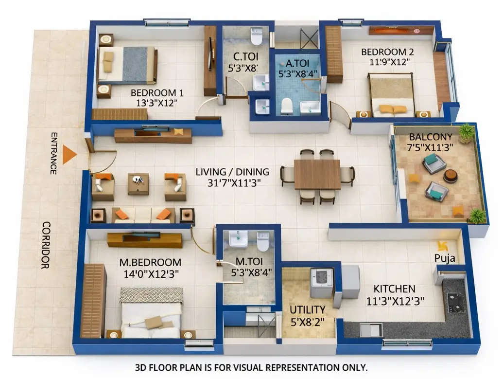 SRIAS Tiara Miyapur - Floor plan 3 BHK 1840 Sq.ft