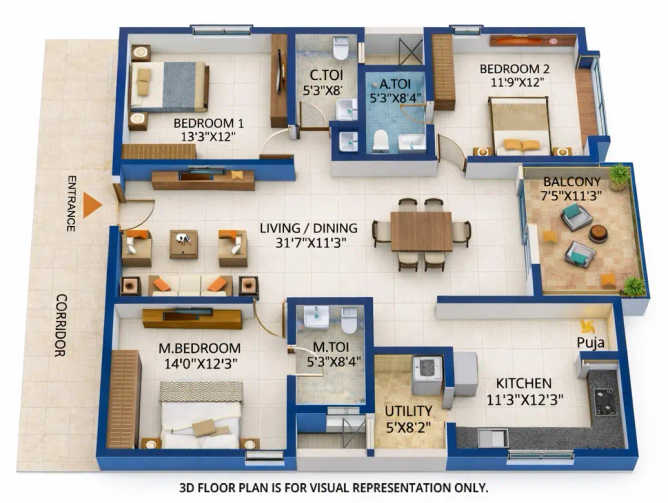 SRIAS Tiara Miyapur - Floor plan 3 BHK 1840 Sq.ft