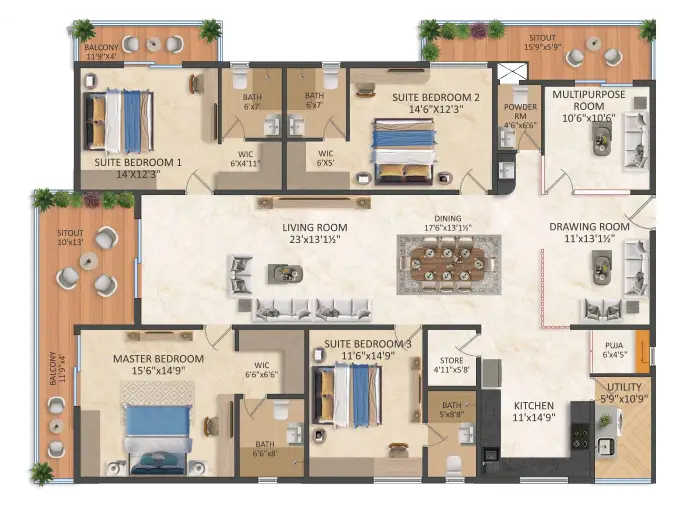 SRIAS IWA Khajaguda - Floor plan 4 BHK 3620 Sq.ft