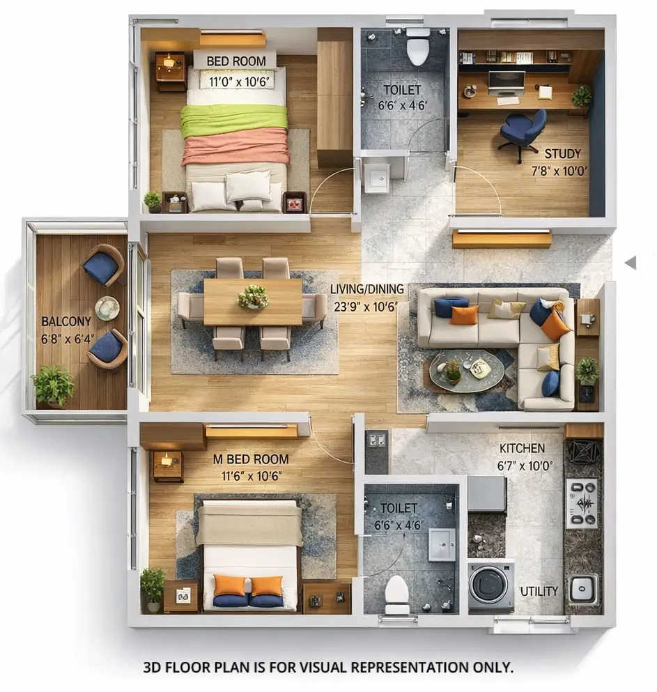 Urbanrise The World Of Joy Miyapur - Floor plan 3 BHK 1333 Sq.ft