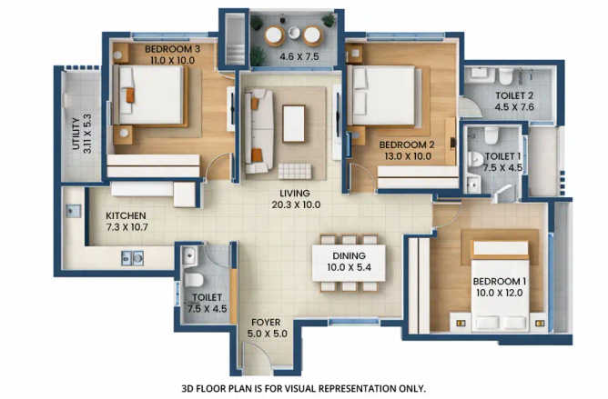 Rustomjee Urbania Majiwada - Floor plan 3 BHK 880 Sq.ft