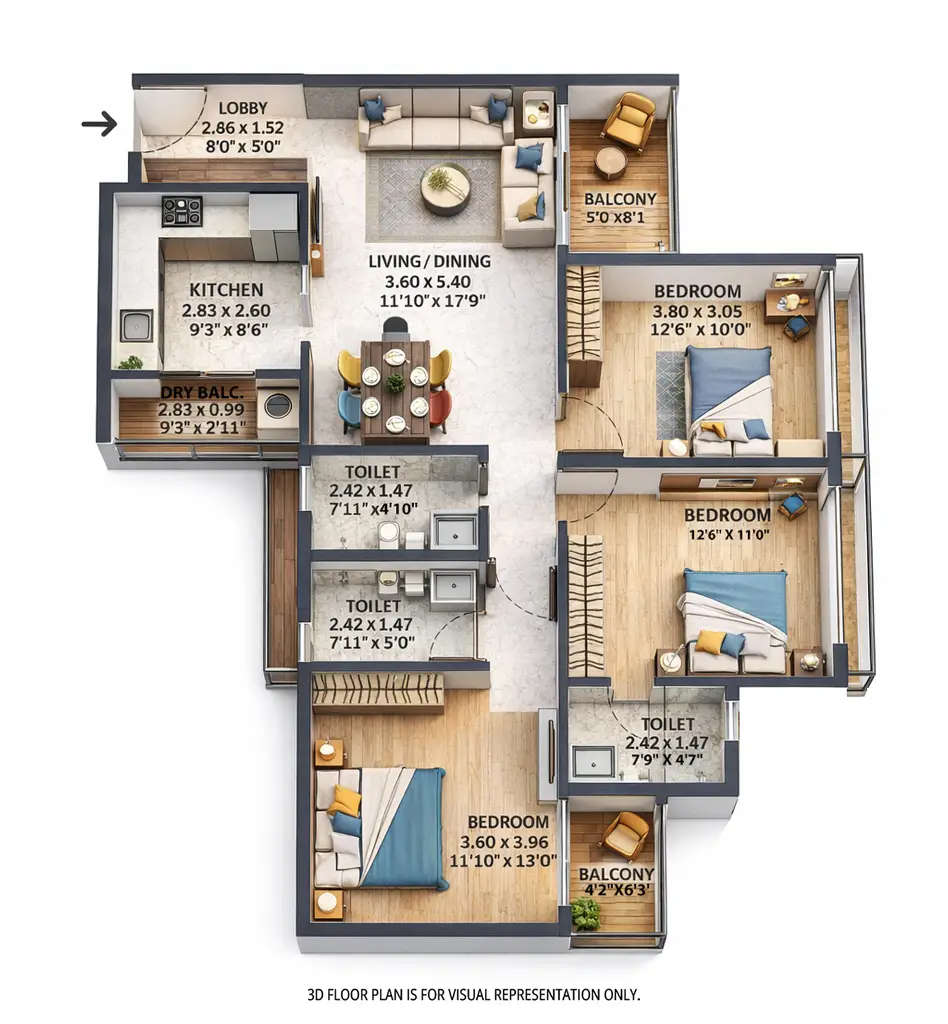VTP Cielo Bavdhan - Floor plan 3 BHK 1055 Sq.ft
