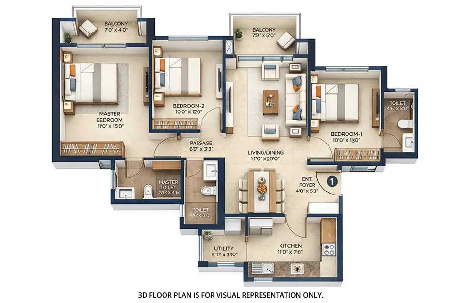 Hiranandani Fortune City Panvel - Floor plan 3 BHK 1040 Sq.ft