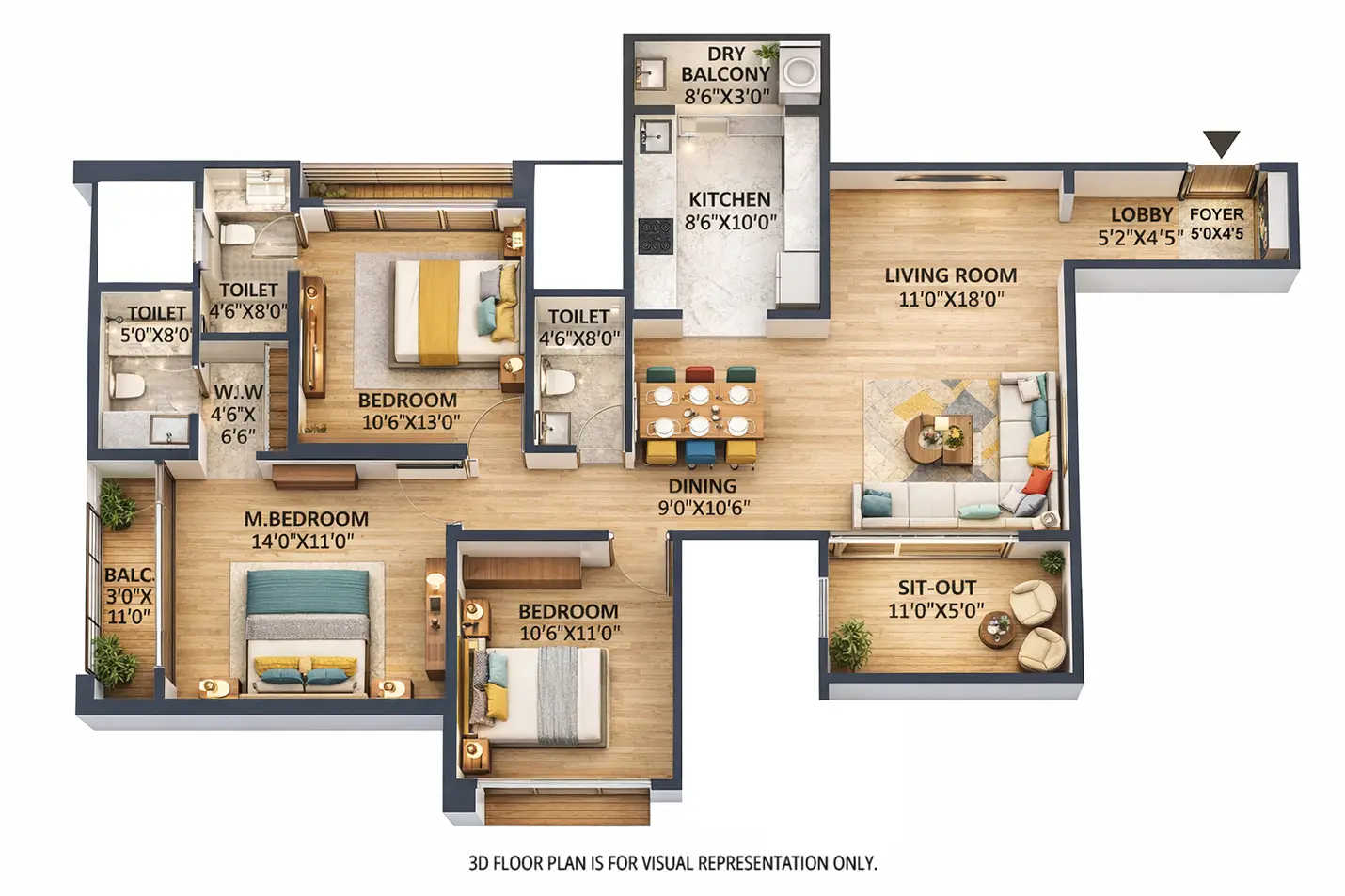 Saheel Luxton Wakad - Floor plan 3 BHK 1162 Sq.ft