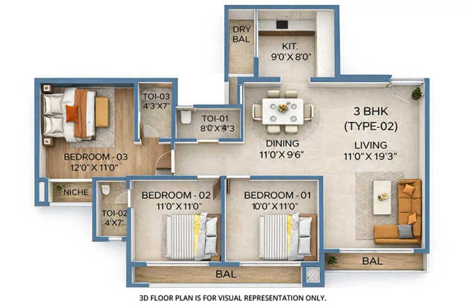 Sai World City Panvel - Floor plan 3 BHK 1313 Sq.ft