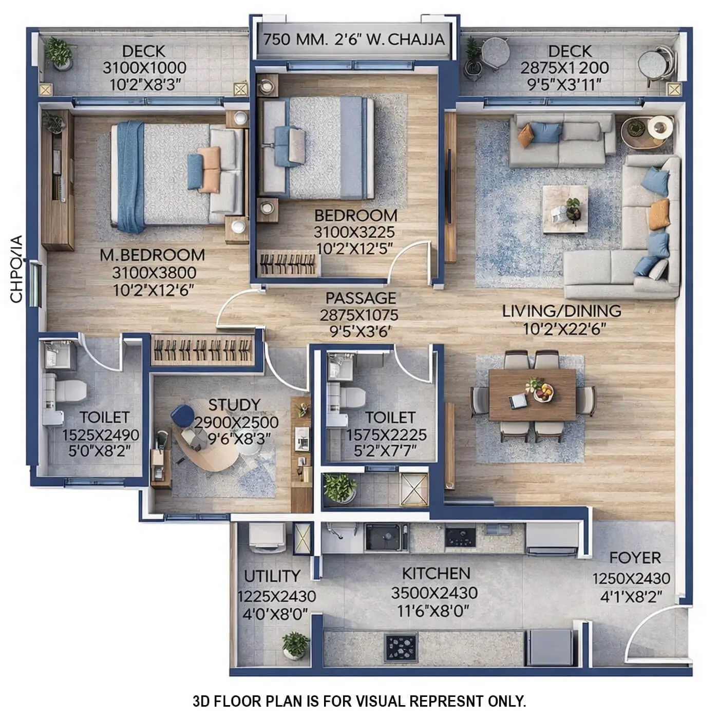 Runwal Woods Chembur - Floor plan 2.5 BHK 973 Sq.ft