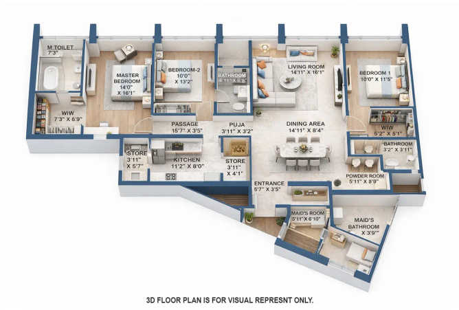 Lodha Kiara Worli - Floor plan 3 BHK 1415 Sq.ft