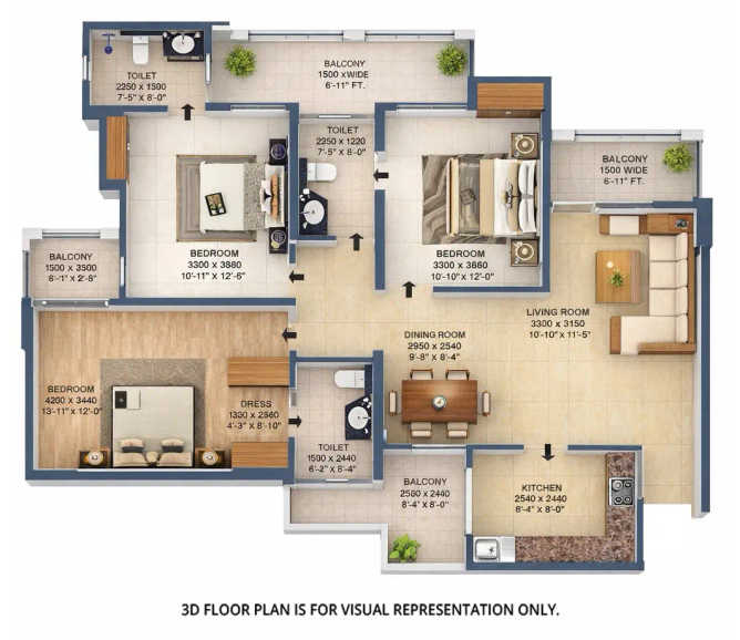 Purvanchal Royal City Sector CHI V Greater Noida - Floor plan 3 BHK 1107 Sq.ft