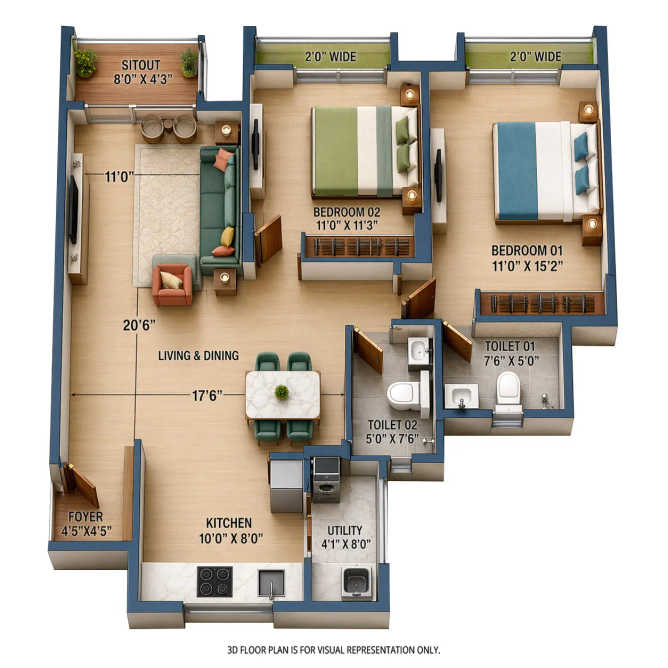 Goyal Orchid Salisbury Panathur - Floor plan 2 BHK 1275 Sq.ft