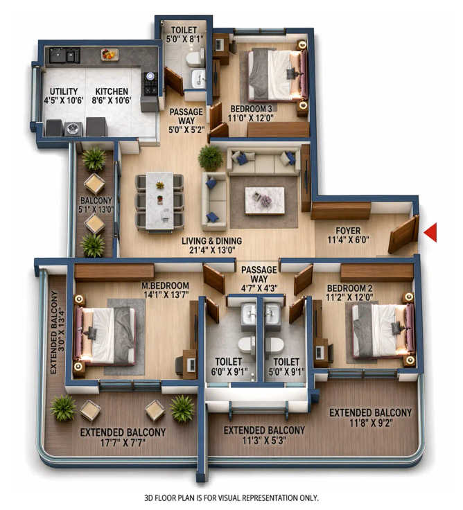 Sattva City Doddajala - Floor plan 3 BHK 2003 Sq.ft