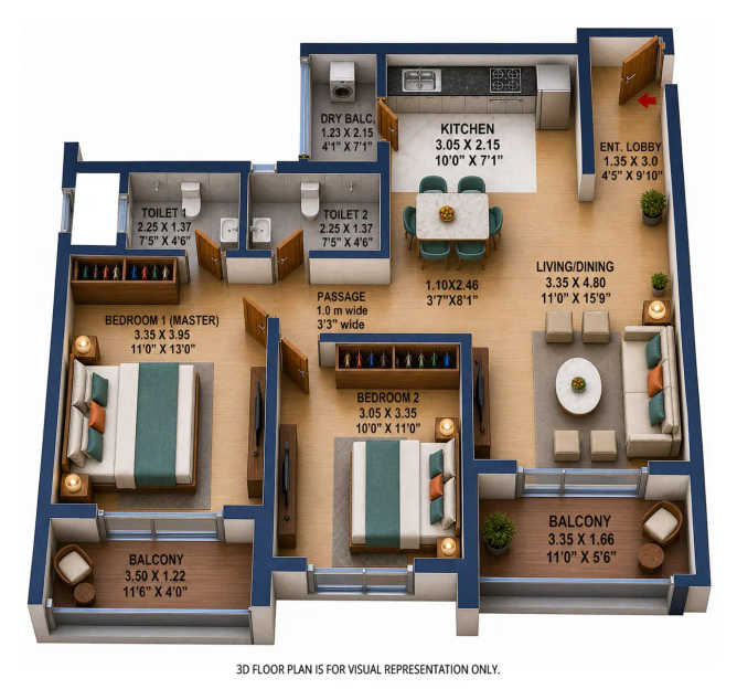 Godrej Park World Hinjewadi - Floor plan 2 BHK 888 Sq.ft