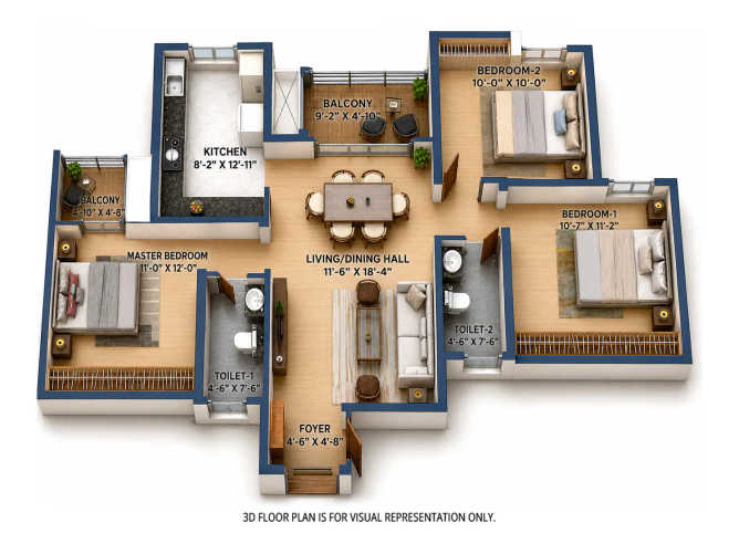 Provident Botanico Whitefield - Floor plan 3 BHK 1334 Sq.ft