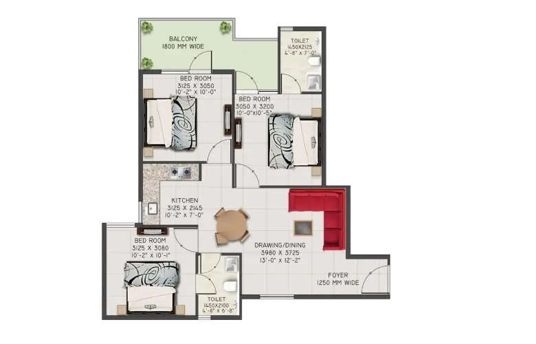 Floor plan for 3 BHK