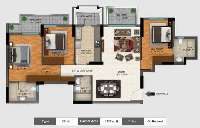 DLF Regal Gardens Sector 90 Gurgaon - Floor plan 3 BHK 1726 Sq.ft