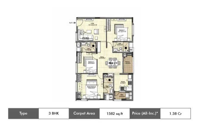 DRA Tuxedo Velachery - Floor plan 3 BHK 1582 Sq.ft
