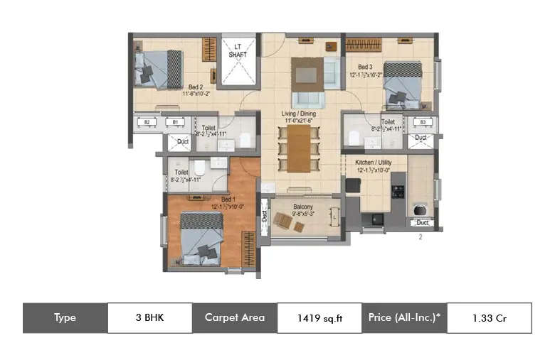 Floor plan for 3 BHK