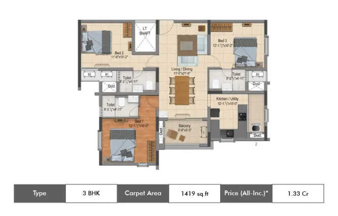 DRA Ascot Adambakkam - Floor plan 3 BHK 1419 Sq.ft