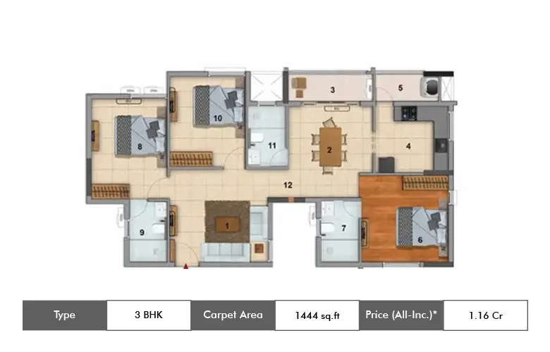 Floor plan for 3 BHK