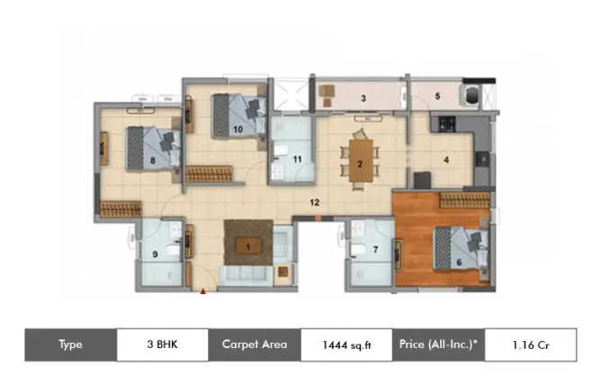 DRA 90 Degrees Kovilambakkam - Floor plan 3 BHK 1444 Sq.ft