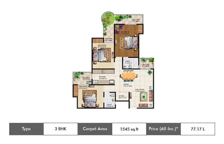 Floor plan for 3 BHK